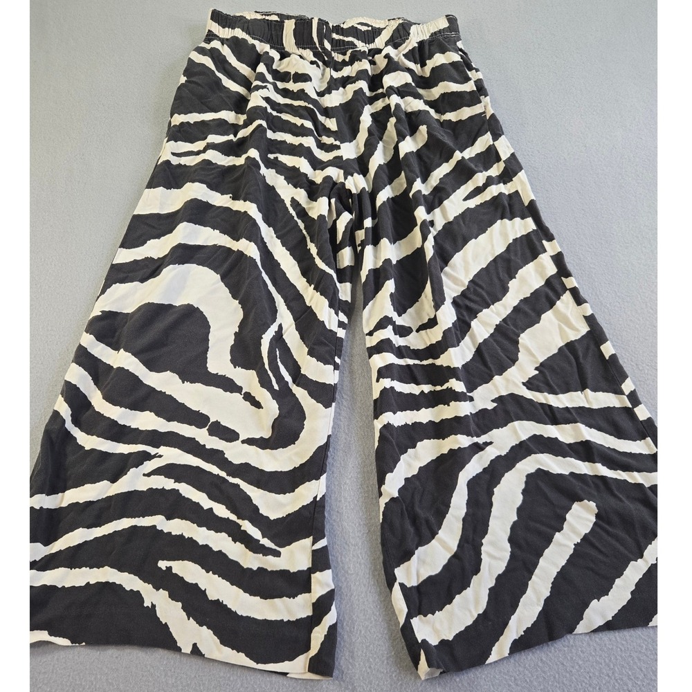 H&M Wide Leg Pants Women Large Black Cream Zebra Print High Rise Viscose Relaxed